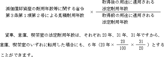 減価償却資産の耐用年数等に関する省令第３条第１項第２号による見積耐用年数×取得後の用途に適用される法定耐用年数÷取得前の用途に適用される法定耐用年数　貸車、倉庫、喫茶室の法定耐用年数は、それぞれ20年、31年、31年ですから、倉庫、喫茶室のいずれに転用した場合にも、６年（20年×（20÷100）×（31÷20））とすることができます。