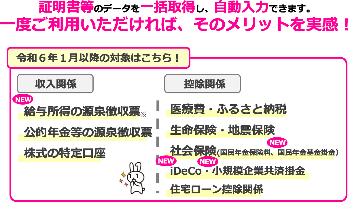 控除証明書等のデータを一括取得し、確定申告書の該当項目へ自動入力