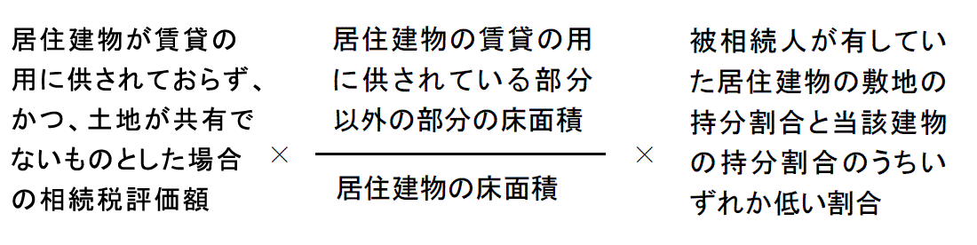 居住建物が賃貸の用に供されておらず、かつ土地が共有でないものとした場合の相続税評価額カケル居住建物の賃貸の用に供されている部分以外の部分の床面積ワル居住建物の床面積カケル被相続人が有していた居住建物の敷地の持分割合と当該建物の持分割合のうちいずれか低い割合の計算式