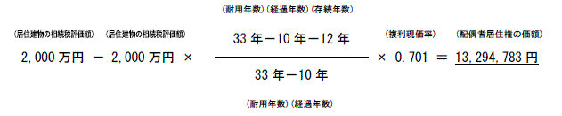 （居住建物の相続税評価額）2,000万円マイナス（居住建物の相続税評価額）2,000万円カケル(耐用年数)(経過年数)(存続年数)　33年－10年－12年ワル33年－10年カケル(複利現価率)0.701イコール (配偶者居住権の価額)13,294,783円