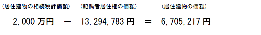 (居住建物の相続税評価額)2,000万円マイナス(配偶者居住権の価額)13,294,783円イコール(居住建物の価額)6,705,217円