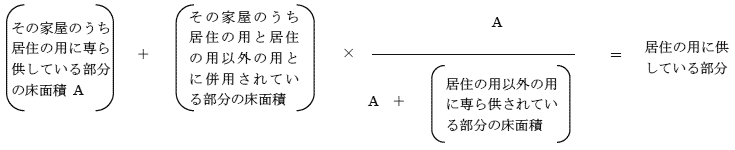 その家屋のうち居住の用に専ら供している部分の床面積A+その家屋のうち居住の用と居住の用以外の用とに併用されている部分の床面積×A÷（A+居住の用以外の用に専ら供されている部分の床面積）＝居住の用に供している部分の計算式