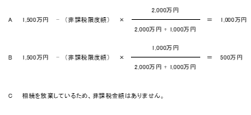 A 1500万円×（2000万円÷（2000万円+1000万円））＝1000万円 B 1500万円×（1000万円÷（2000万円+1000万円））＝500万円 C 相続を放棄していますから、非課税金額はありません。