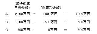 A （取得退職手当金額）2000万円-（非課税金額）1000万円＝1000万円 B （取得退職手当金額）1000万円-（非課税金額）500万円＝500万円 C （取得退職手当金額）500万円-（非課税金額）0万円＝500万円