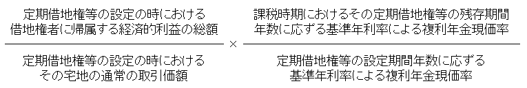 （定期借地権等の設定の時における借地権者に帰属する経済的利益の総額÷定期借地権等の設定の時におけるその宅地の通常の取引価格）×（課税時期におけるその定期借地権等の残存期間年数に応ずる基準年利率による複利年金現価率÷定期借地権等の設定期間年数に応ずる基準年利率による複利年金現価率）の計算式