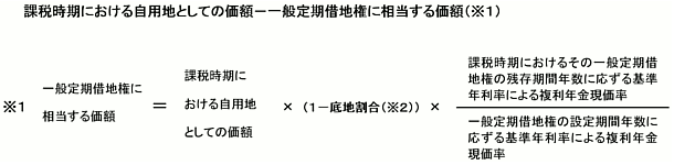 課税時期おける自用地としての価格－（※1）一般定期借地権に相当する価格。（※1）＝課税時期における自用地としての価格（1－底地割合（※2））×課税時期における一般定期借地権等の残存期間年数に応ずる基準年利率による複利年金現価率÷一般定期借地権の設定期間年数に応ずる基準年利率による複利年金現価率