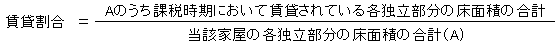 賃貸割合＝Aのうちの課税時期において賃貸されている各独立部分の床面積の合計÷当該家屋の各独立部分の床面積の合計（A）の計算式