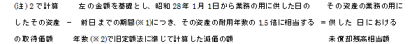 ((注)2で計算したその資産の取得価額)-(左の金額を基礎とし、昭和28 年1月1日から業務の用に供した日の前日までの期間(※1)につき、その耐用年数の1.5 倍に相当する年数(※2)で旧定額法に準じて計算した減価の額)=(業務の用に供した日における未償却残高相当額)