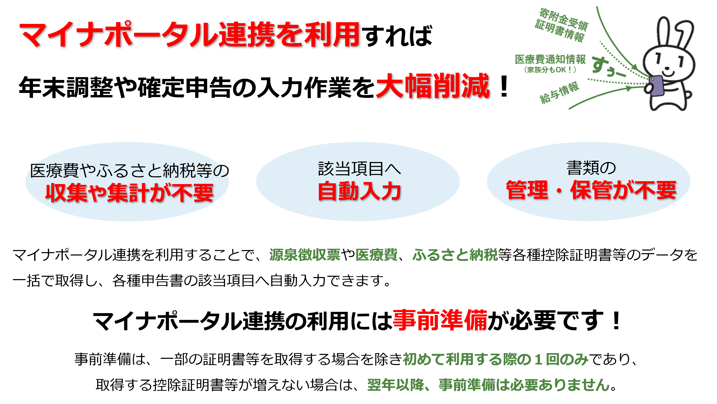 �}�C�i�|�[�^���A�g�𗘗p����ΔN��������m��\���̓��͍�Ƃ�啝�팸�I��Ô��ӂ邳�Ɣ[�œ��̎��W��W�v���s�v�A�Y�����ڂ֎������́A���ނ̊Ǘ��E�ۊǂ��s�v�B�}�C�i�|�[�^���A�g�𗘗p���邱�ƂŁA���򒥎��[���Ô�A�ӂ邳�Ɣ[�œ��e��T���ؖ������̃f�[�^���ꊇ�Ŏ擾���A�e��\�����̊Y�����ڂ֎������͂ł��܂��B�}�C�i�|�[�^���A�g�̗��p�ɂ͎��O�������K�v�ł��I���O�����́A�ꕔ�̏ؖ��������擾����ꍇ���������߂ė��p����ۂ�1��݂̂ł���A�擾����T���ؖ������������Ȃ��ꍇ�́A���N�ȍ~�A���O�����͕K�v����܂���B