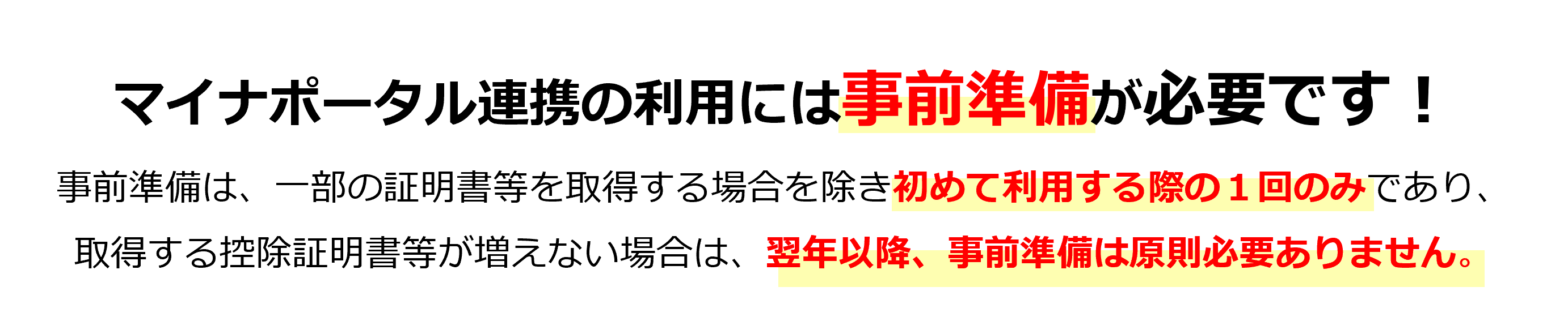 マイナポータル連携の利用には事前準備が必要です!事前準備は、一部の証明書等を取得する場合を除き初めて利用する際の1回のみであり、取得する控除証明書等が増えない場合は、翌年以降、事前準備は原則必要ありません。